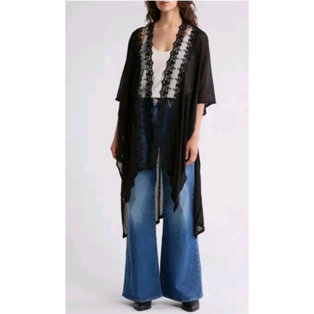 Vince Camuto Lace Trim Duster Black One Size Boho Layering Cover NWT